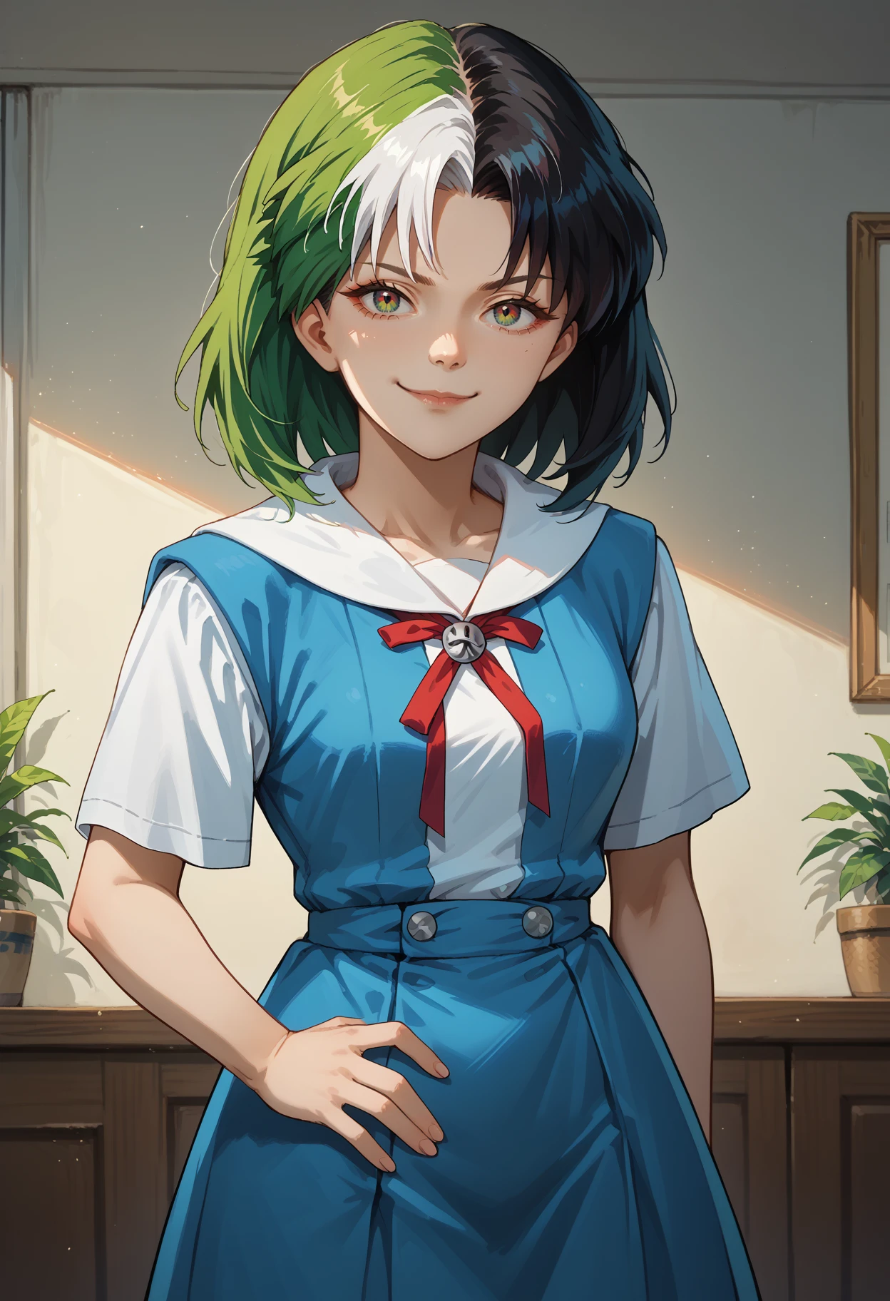 score_9, score_8_up, source_anime, 1girl, solo, Tokyo3UniformFemale, white sailor collar, red ribbon, blue vest, white shirt, short sleeves, blue skirt, NSMelionPalHair, green hair, black hair, white hair, multicolored hair, medium hair, multicolored eyes, medium breasts, <lora:NSMelionPalHair:1>, indoors, hands on hips, smug, smirk, <lora:ChamTokyo3UniformPonyXL:1>