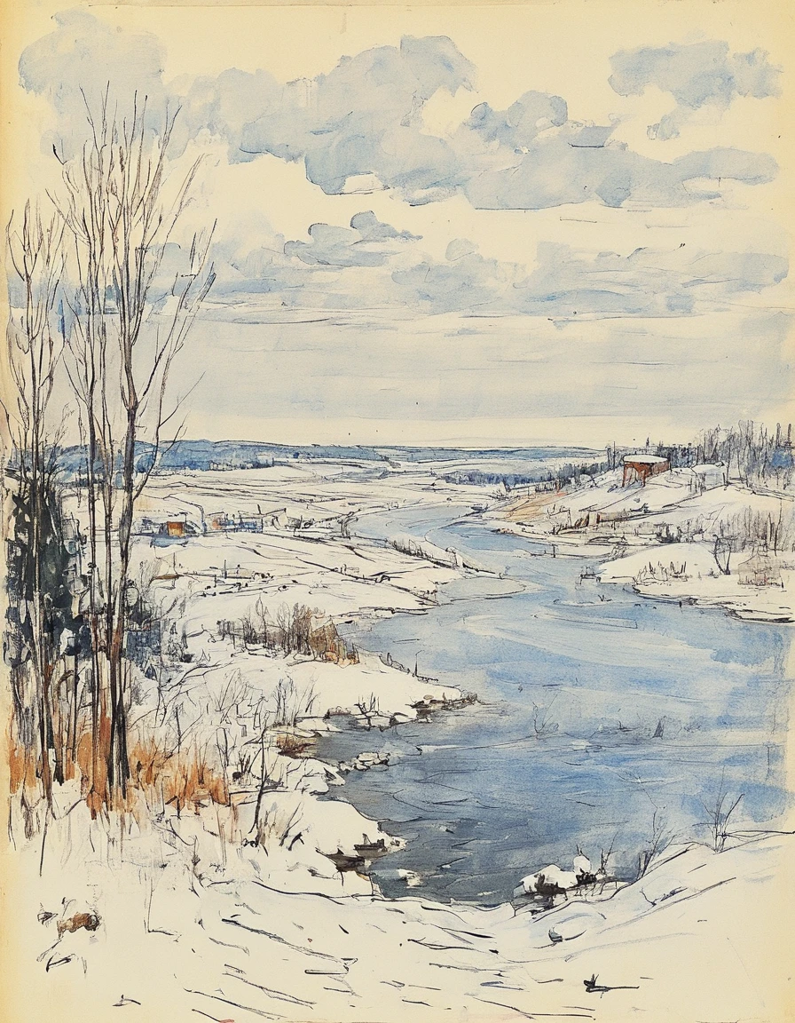 winter landscape, sketchy drawing of the Volga
