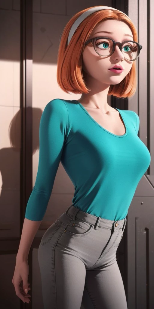 Hyperrealistic, photorealistic, turquoise jeans, a colored sweater with a diamond pattern, orange hair, glasses with a grayish-brown and grey rimwhite headband, strong cyan eyes, chin-length orange hair that is styled in a bob-cut, super detailed, body like in real life, light pink lipstick, large pores, slender, fourteen years old, fair skin, beautiful arms, very little very flat breasts, unreal engine, octane render, droped shadow, bokeh, cinematic lighting, highly detailed background, <lora:add_detail:0.5>, <lora:Volumetric_lighting:0.6>, Raincomprix, Sabrina, , <lora:784a5ed7-f452-478c-9bf0-e4d020be783d:0.7>