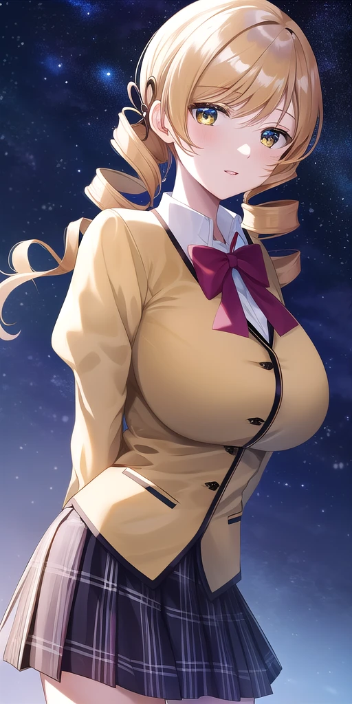 <lora:MamiTomoeV2:0.7> mamiTomoe_drill_sidelocks, huge_breasts, standing, solo, arms_behind_back, starry_sky, mitakihara_school_uniform_yellow_sweater_long_sleeves_juliet_sleeves_white_collared_shirt_red_bowtie_pleated_skirt_plaid_black_miniskirt,, masterpiece, best_quality, detailed_face, detailed_eyes, highres, beautiful, detailed, absurdres,