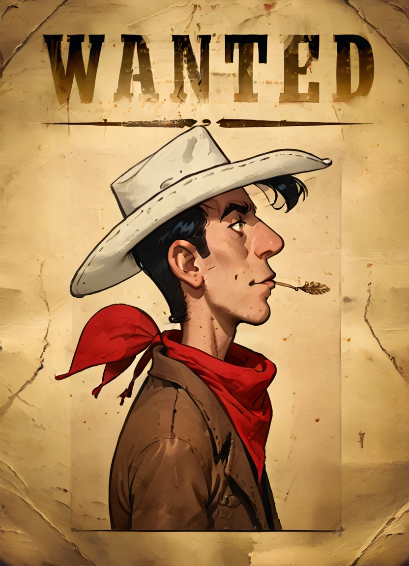 wantedposter of ((luckyluke)), white cowboy hat, black hair, red bandana, side profile, solo,
<lora:Wanted-Poster:0.85> <lora:LuckyLukePony:0.8>