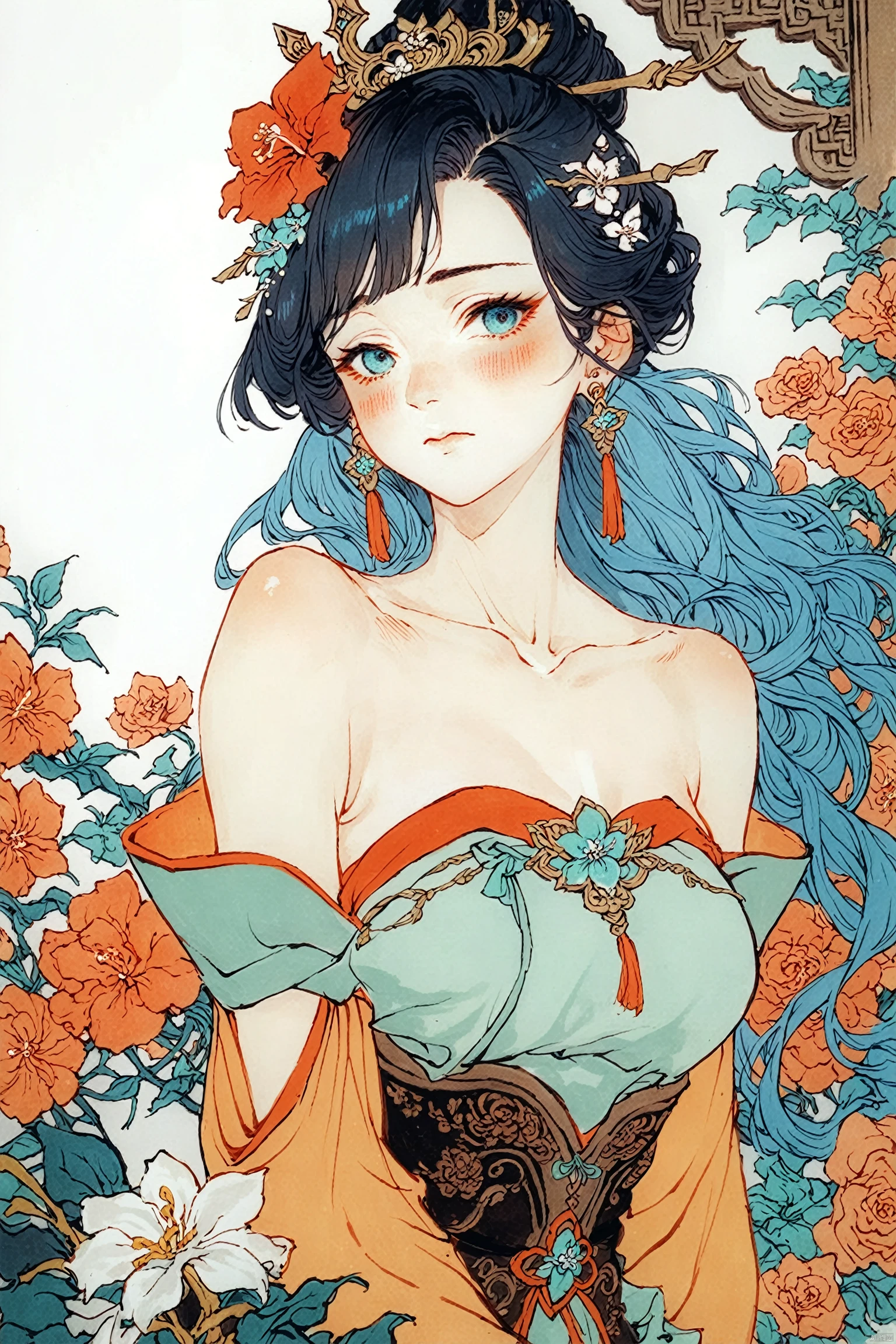 score_9, score_8_up, score_7_up, score_6_up,chinese traditional painting,
1girl, solo, earrings, black hair, jewelry, long hair, detached sleeves, dress, flower, bangs, breasts, bare shoulders, closed mouth, upper body, hair flower, collarbone, medium breasts, hair ornament, red hair, long sleeves, blush, sleeveless, blue hair<lora:EMS-424287-EMS:0.800000>, <lora:EMS-378348-EMS:0.600000>