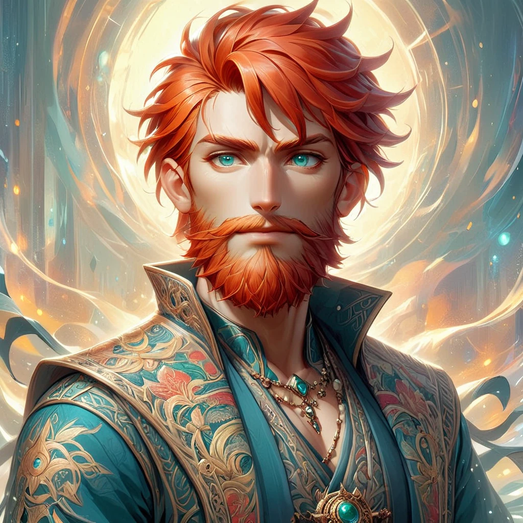 FFROA, 1man, short spikey hair, short red hair and beard, older but handsome, wrinkles, ornate spiritual outfit, green eyes, nordic