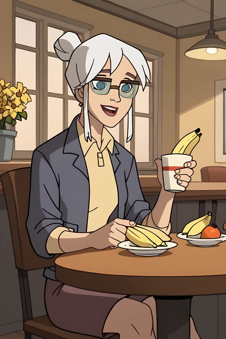 score_9, score_8_up, score_7_up, score_6_up, SpecStyle, SpecMayParker, smile, open mouth, flower, indoors, white hair, fruit, single hair bun, food, holding, chair, 1girl, banana, cup, table, lamp, jacket, shirt, holding cup, skirt, collared shirt, glasses, hair bun, yellow flower, sitting<lora:EMS-445051-EMS:1.000000>