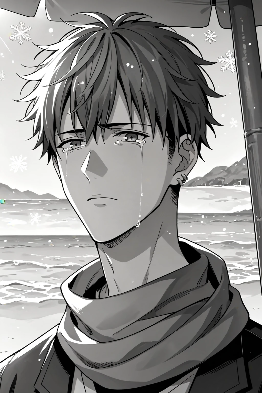 (score_9, score_8_up:1.1), score_7_up, high res image,masterpiece, source_anime, yoshida yuki, 1boy, solo, short hair, ear piercing, looking at viewer, scarf, close-up portrait, sad, tears, beach, (blue filter:1.1), (monochrome) winter, snowflakes