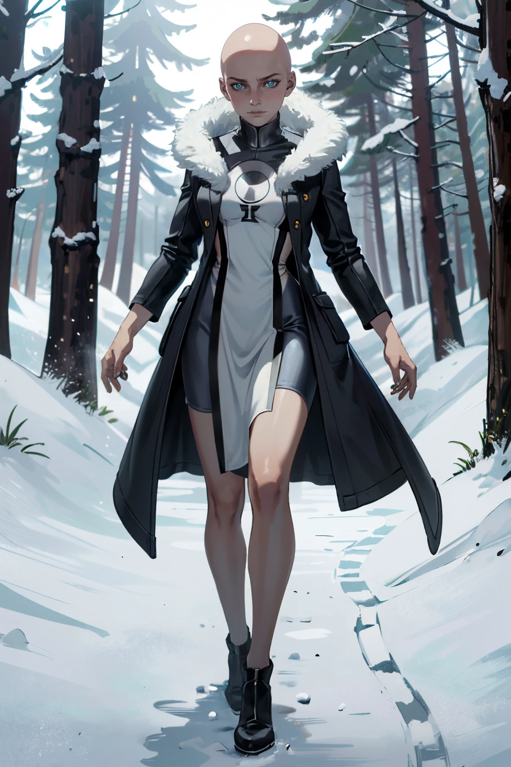 ((ultra detailed, masterpiece, absurdres))
 <lora:MKKronika:0.8>
MKKronika, 1girl, bald, simple background, looking at viewer, full-body shot of a model, trendy winter coat, snowy forest, cool lighting, serene ambiance