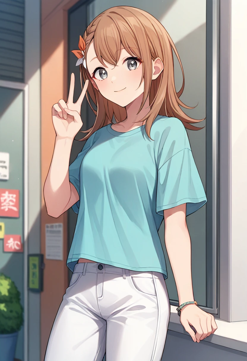 score_9, score_8_up, score_7_up, best quality, source_anime, <lora:MinoriHanasato_v1.1:1> 1girl, minoridef, hanasato_minori, medium hair, grey eyes, casual clothes, v, shirt, aqua shirt, t-shirt, white pants, looking at viewer