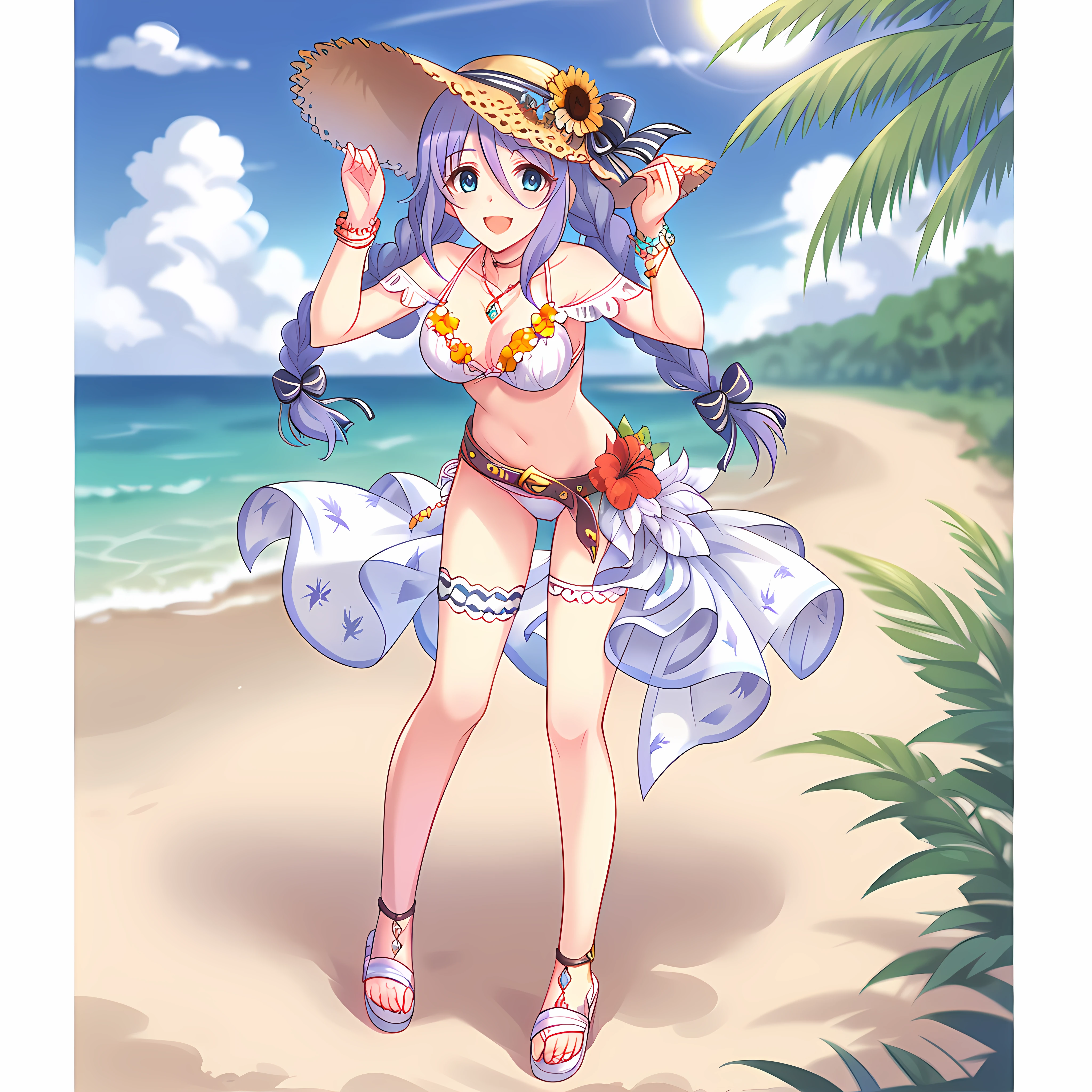 score_9,score_8_up,hd,nsfw,depth of field,outdoors,

1girl, shizuru2, twin braids, solo, grin, looking at viewer, open mouth, zulsw3 bikini, zulsw3 sun hat, zulsw3 bracelet, zulsw3 belt, zulsw3 sandals, zulsw3 necklace, zulsw3 thigh strap, full body, purple hair, standing, hands up, 