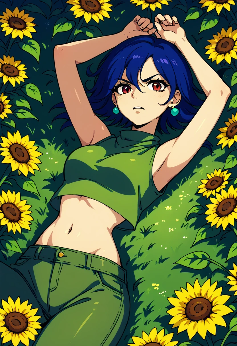 score_9, score_8_up, score_7_up, source_anime, csmisery,  <lora:cs_misery:1>, turtleneck, crop top, pants, sunflower field, lying down