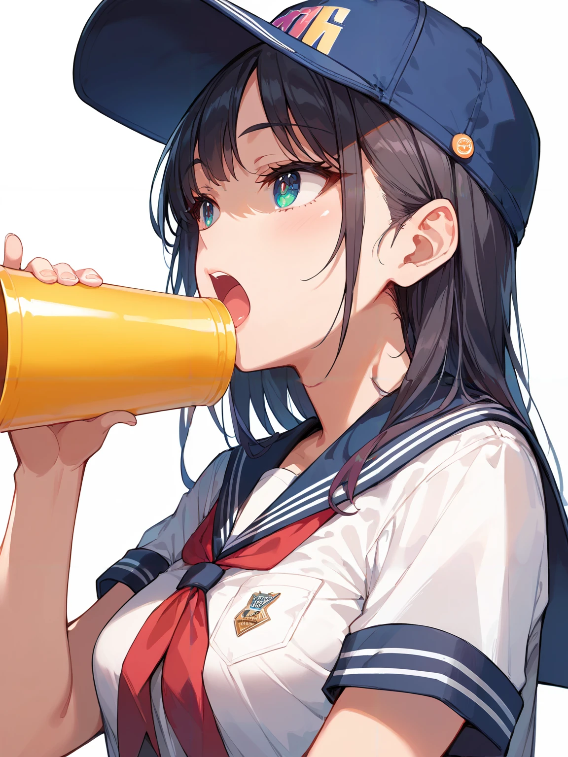 score_9, score_8_up, score_7_up,source_anime, high res image,masterpiece,best quality,woman,middle breasts,cute face,clear skin,shiny hair,ultra detailed eyes,simple background <lora:megaphone_pony_V1.0:0.8> holding megaphone,open mouth ,yell,school uniform,baseball cap,looking away