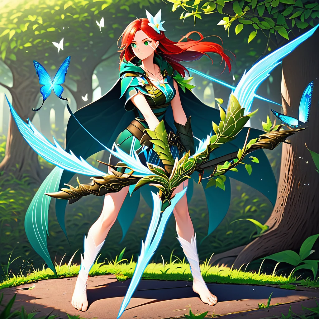 1girl, solo, long hair, hair ornament, gloves, dress, holding, jewelry, green eyes, standing, full body, weapon, flower, red hair, outdoors, barefoot, sword, hair flower, necklace, cape, holding weapon, armor, tree, leaf, facial mark, grass, bug, butterfly, nature, forest, green dress, bow (weapon), arrow (projectile)