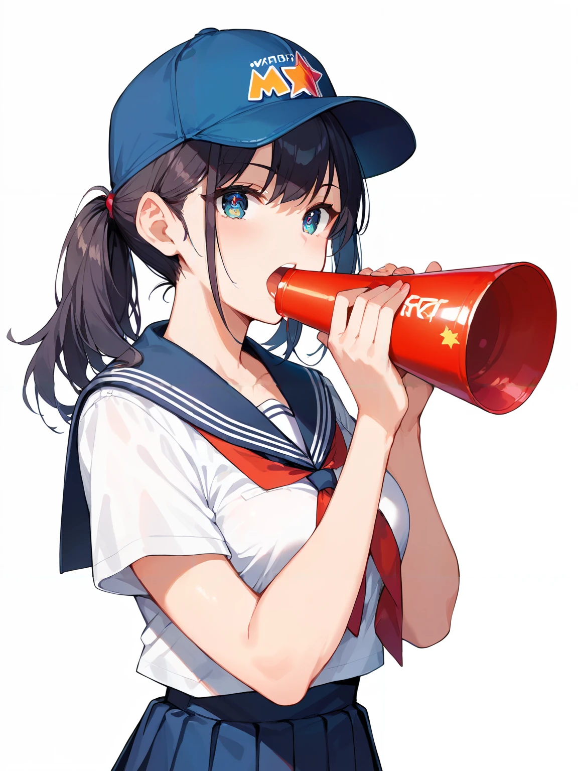 score_9, score_8_up, score_7_up,source_anime, high res image,masterpiece,best quality,woman,middle breasts,cute face,clear skin,shiny hair,ultra detailed eyes,simple background <lora:megaphone_pony_V1.0:0.8> holding megaphone,open mouth ,yell,school uniform,baseball cap