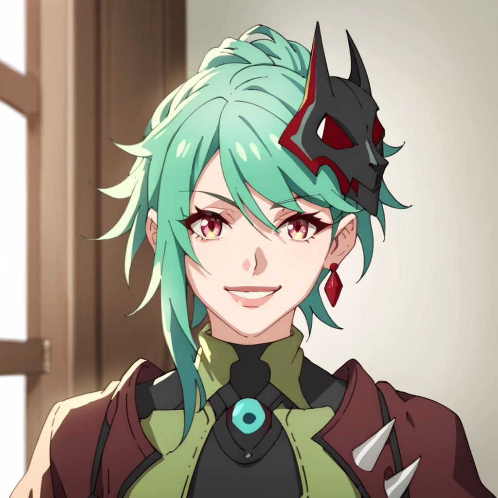 score_9, score_8_up, score_7_up, score_6_up, score_5_up, score_4_up, source_anime,  Karna, green hair, mask, , smile, portrait