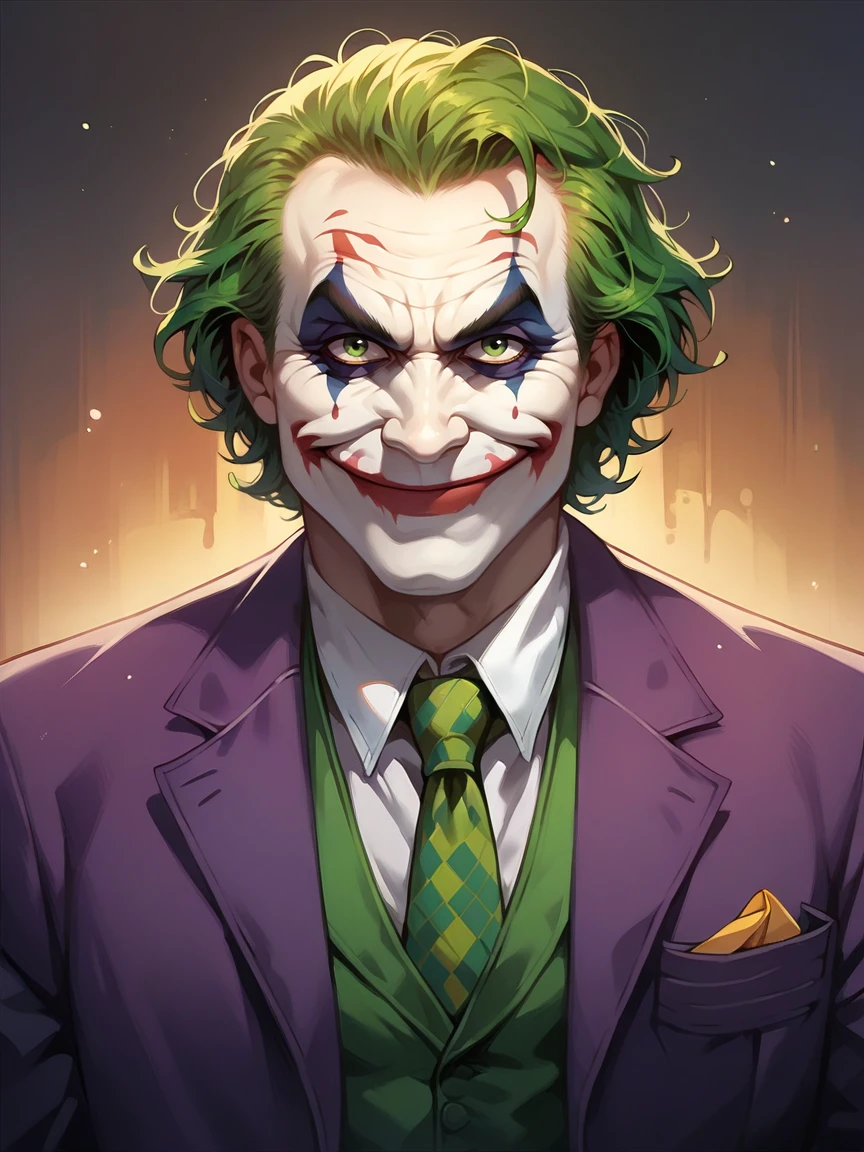 score_9, score_8_up, score_7_up, score_6_up, score_5_up,  <lora:thejokerXLP:0.8> the joker, 1boy, solo, green hair, suit, smile, formal, necktie, gloves, green eyes, clown