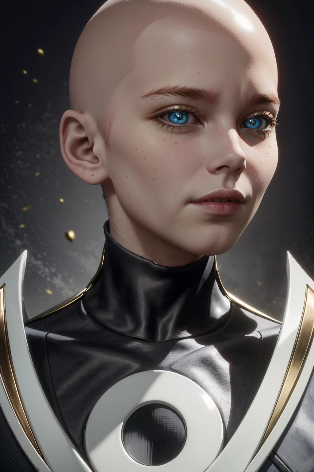 ((ultra detailed, masterpiece, absurdres))
 <lora:MKKronika:0.8>
MKKronika, 1girl, bald, simple background, looking at viewer, portrait