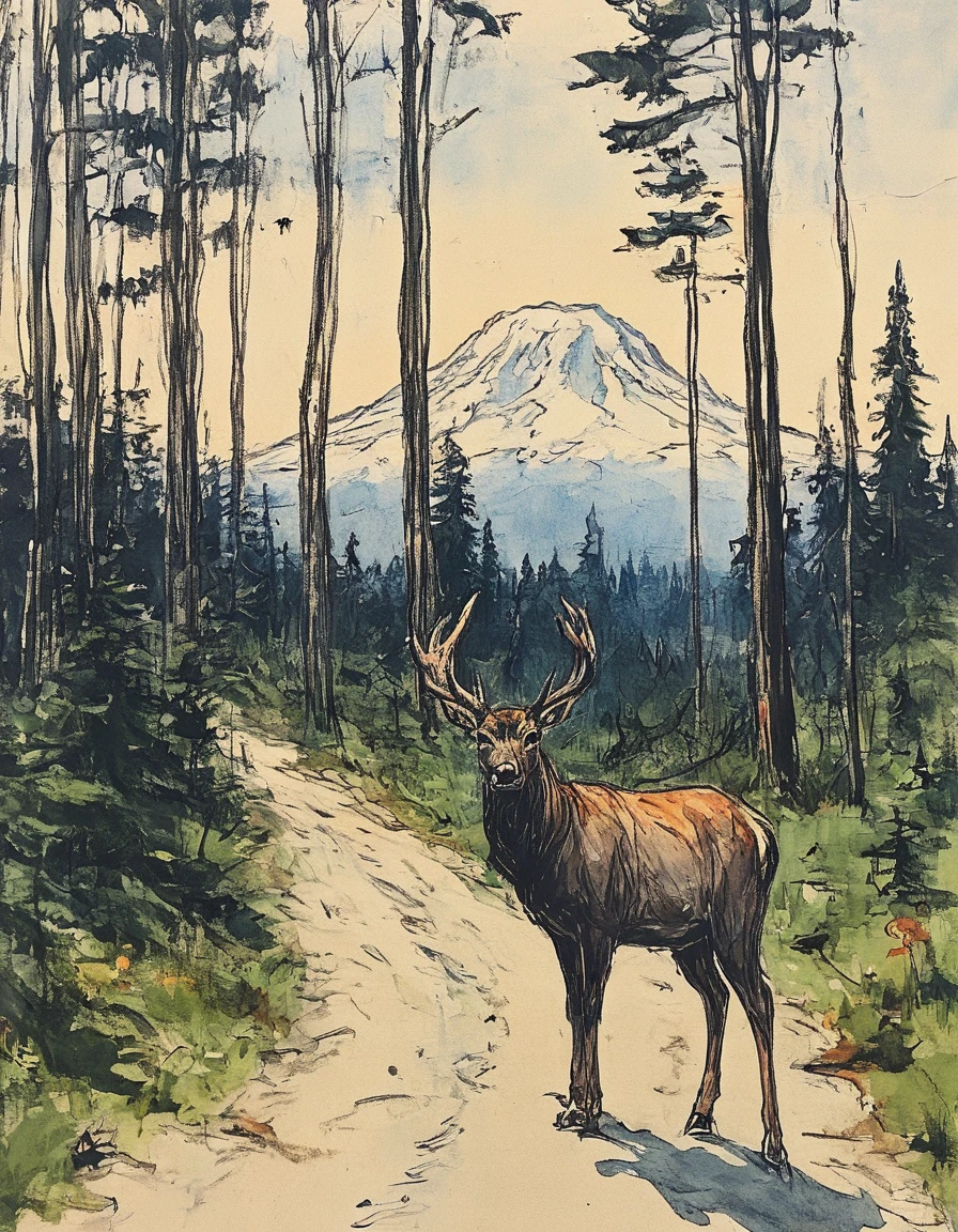 Washington state deer on a forest trail with a distant view of Mount Rainier
