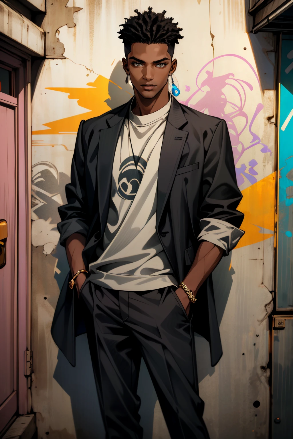 ((ultra detailed, masterpiece, absurdres))
 <lora:MOMAlex:0.8>
MOMAlex, 1boy, dark skin, short hair, looking at viewer, Urban street scene with vibrant graffiti murals, model in stylish attire