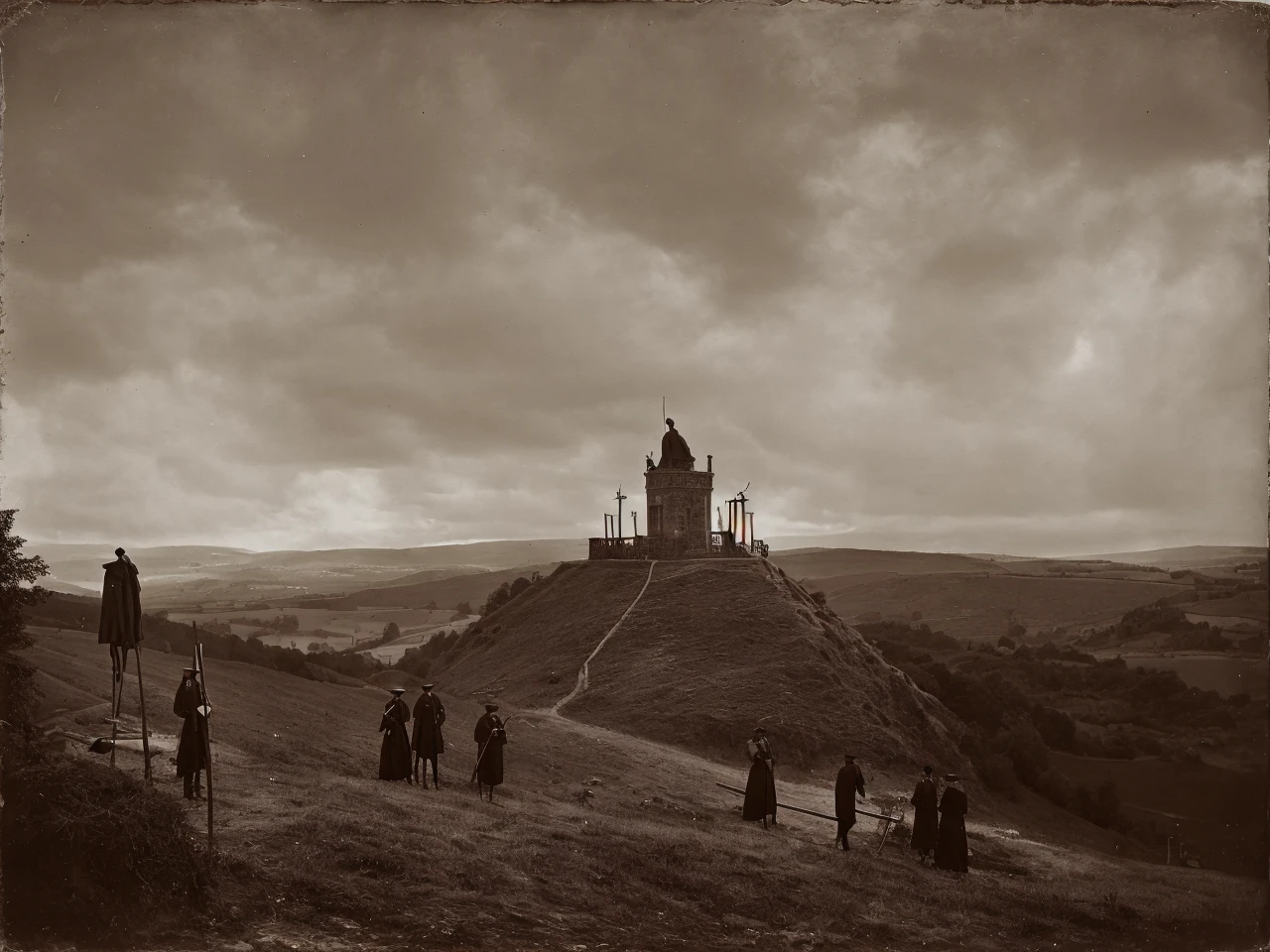 England, 1860, gallows on top of a hill, nude victims, eerie atmosphere, torches<lora:VintageBW:1> highest quality