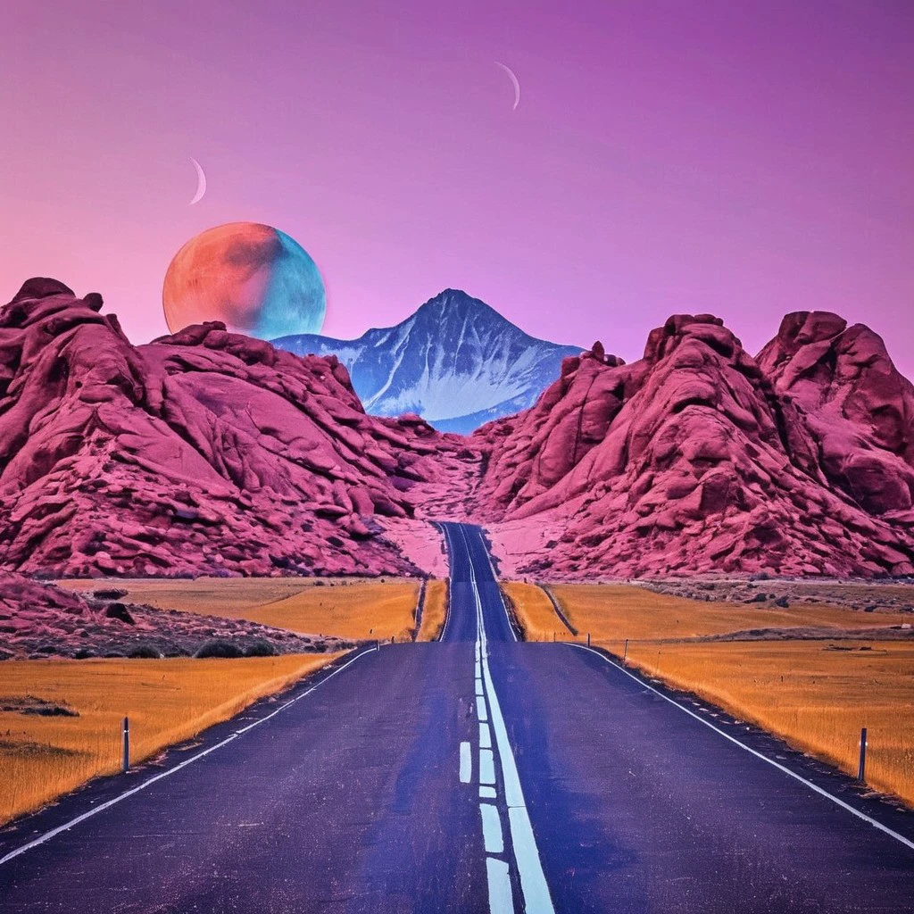 mountain, moon, road