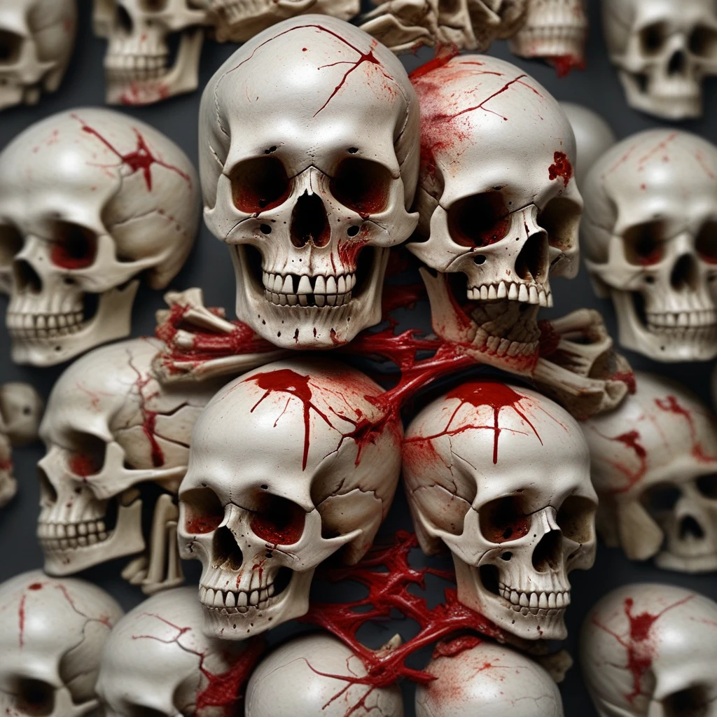 blood, gradient, horror (theme), skull, skulls, scar, skeleton, grey background, ribs, blurry background, horns, guro