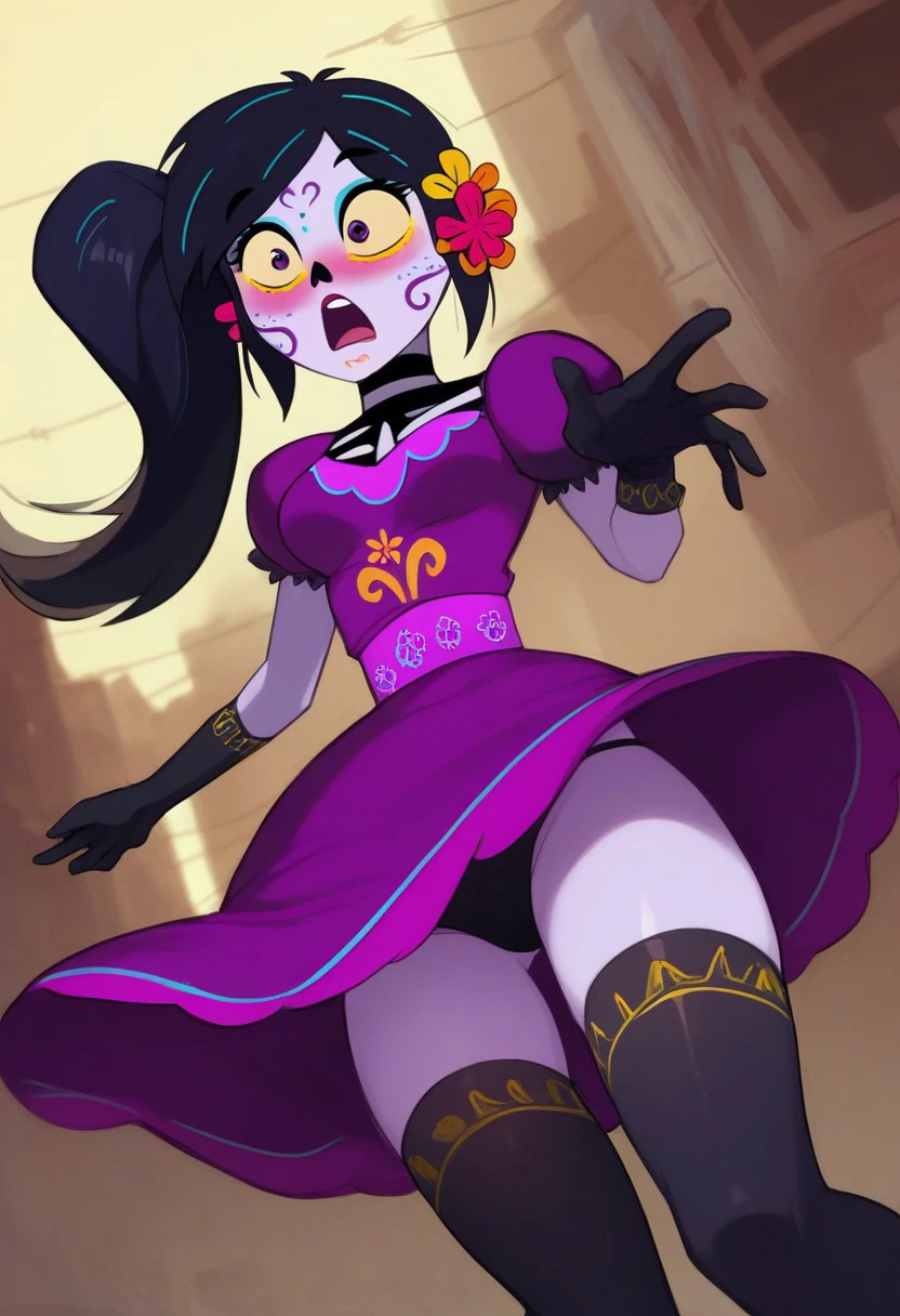 score_9, score_8_up, score_7_up, 1girl, solo, Catalina la catrina, black hair, ponytail, hair flower, yellow sclera, purple skin, purple eyes, makeup, bodypaint, medium breasts, purple dress, puffy sleeves, wavy skirt, (upskirt, black panties), wind, wind current, surprised, embarrassed, blush, black gloves, (thighhighs), dynamic angle, outdoors, urban