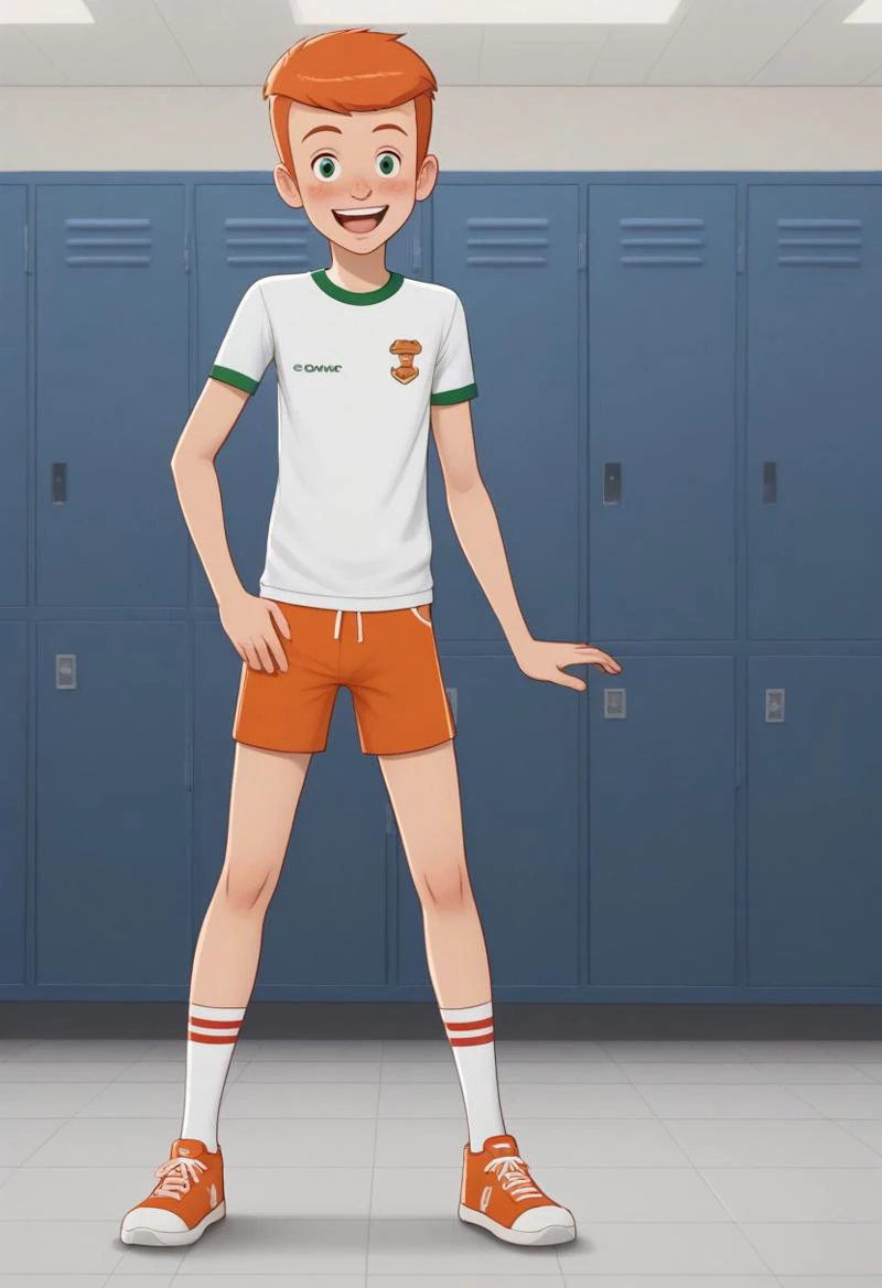 skinny, shorty, undersized, standing solo ginger boy, socker male uniform, sneakers with socks, posing at locker room, happy face, blush, looking at viewer,