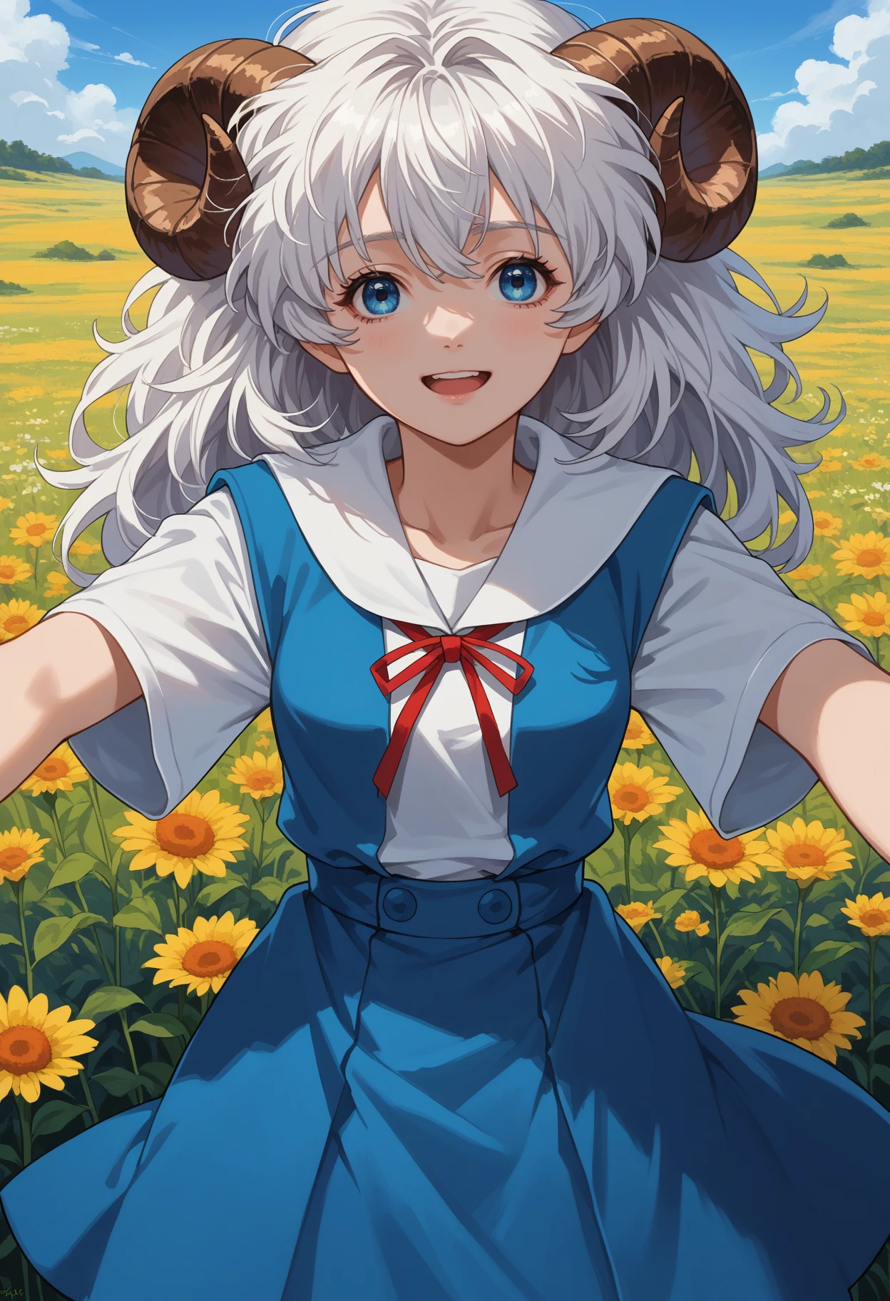 score_9, score_8_up, source_anime, 1girl, solo, Tokyo3UniformFemale, white sailor collar, red ribbon, blue vest, white shirt, short sleeves, blue skirt, white hair, blue eyes, long hair, messy hair, sheep girl, sheep horns, pale skin, outdoors, flower field, looking at viewer, outstretched arms, happy, <lora:ChamTokyo3UniformPonyXL:1>