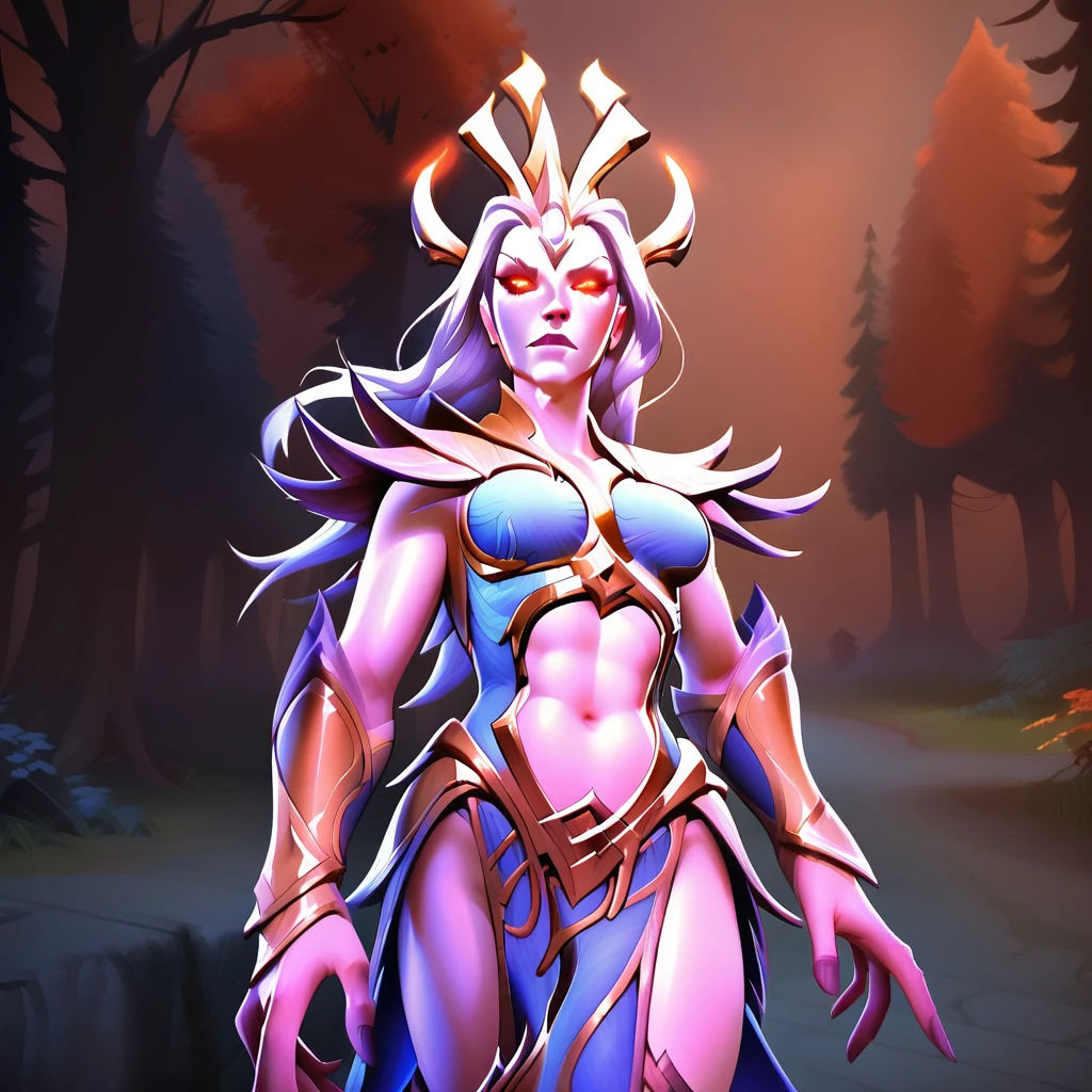 vengefulspirit, sovereignsofskywrath,vengefulspiritarcana2, vengefulspiritarcana2 \(dota 2\),  1girl, solo, long hair, breasts, looking at viewer, red eyes, navel, medium breasts, white hair, outdoors, horns, armor, tree, glowing, colored skin, gauntlets, glowing eyes, pelvic curtain