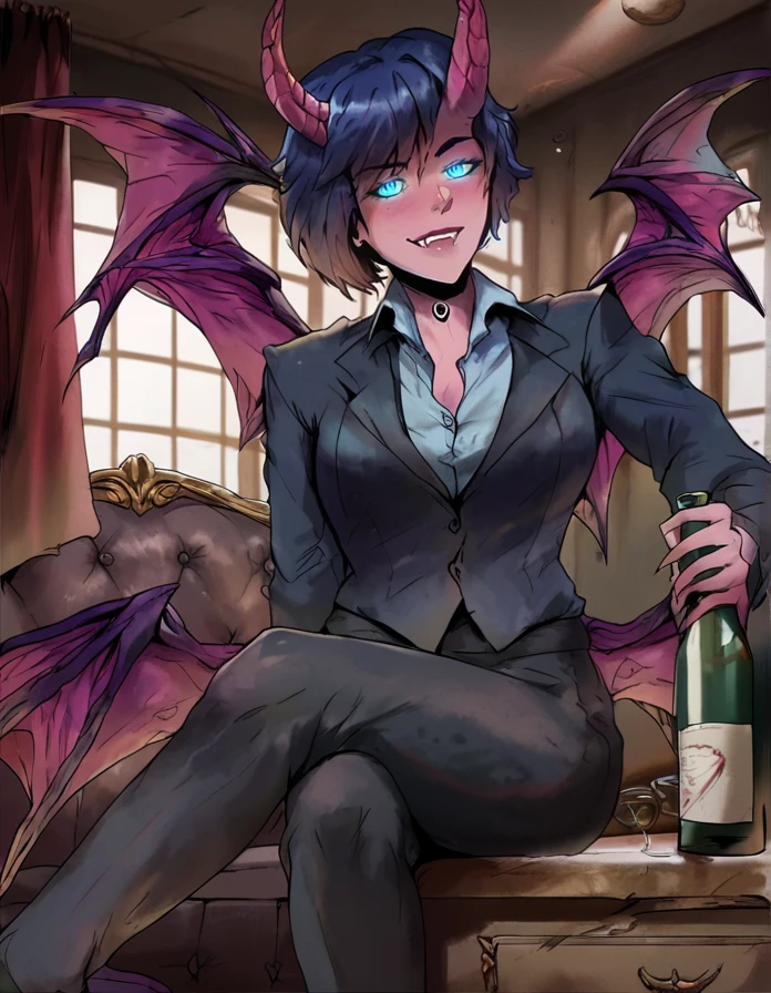 score_9, score_8_up, score_7_up,     detailed background, realistic lighting, background : room interior,
1 girl, detailed eyes,slim and fit, solo, dynamic pose, sitting,
<lora:My_Lovely_Wife_Style:1.3>, (LovelyWstyle, )
succubus, demon wings, horns, office suit, blue eyes, eye glow, pixie cut, drunk, wine bottle,