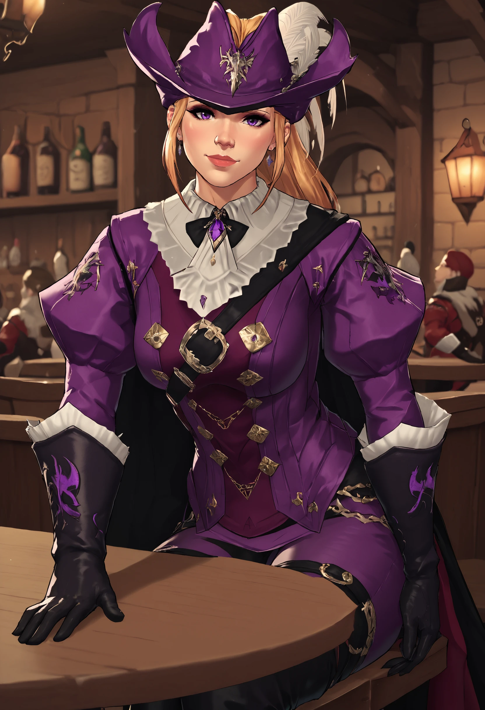 score_9, score_8_up, score_7_up,1girl, solo, public,rdmaf,  duelist head, duelist body, duelist gloves, duelist pants, duelist cape, hat feather, <lora:Red_Mage:1>, (purple clothing:1.5), blonde hair, ponytail,  , sitting, on chair, tavern, pov across table, sitting at a table, having lunch, leaning forward,