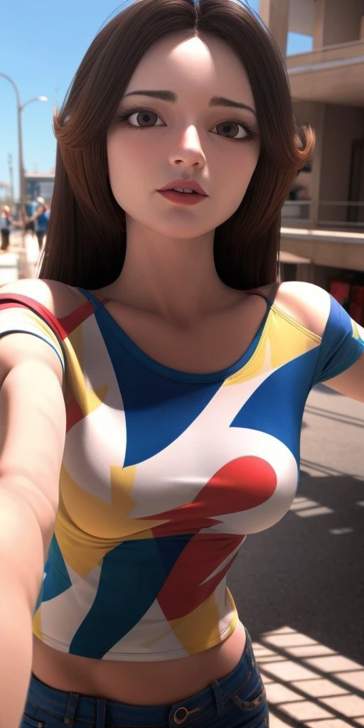 Hyperrealistic, photorealistic, super detailed, colored T-shirt, purple jeans, waist-length wavy brown hair that is split on both sides, brilliant amaranth lipstick, brown eyes, body like in real life, large pores, fair-skinned, beautiful arms, little breasts, unreal engine, octane render, droped shadow, bokeh, cinematic lighting, <lora:add_detail:0.5>, <lora:Volumetric_lighting:0.6>,, <lora:e4743ff2-7ed6-4728-b033-3bc83cb997a4:0.7>