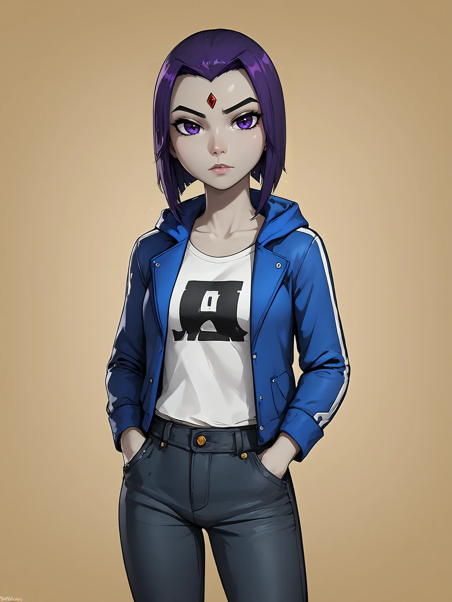 score 9 up, score 8 up, score 7 up, highres, absurdres,
1girl, shirt, pants, standing, looking at viewer,  zPDXLpg, jacket, 
 <lora:Raven_Teen_Titans_Character_Dataset_Expanded_PonyXL:1>  raven dc, short hair, purple hair, forehead jewel, purple eyes, grey skin,