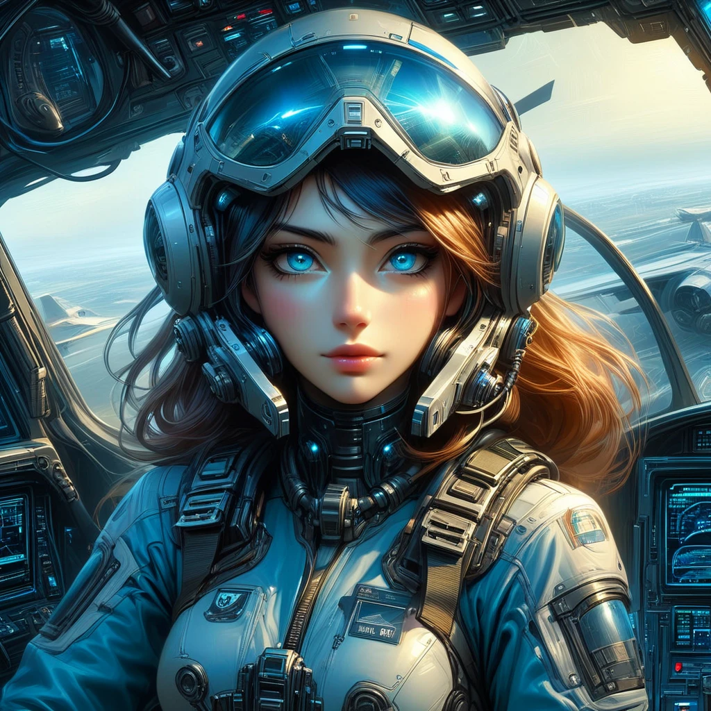 score_9, score_8_up, score_7_up, FFROA, a sci fi pilot, eyes covered by a transparent blue visor, epic sci fi armor, detailed cockpit background, semi realistic digital art