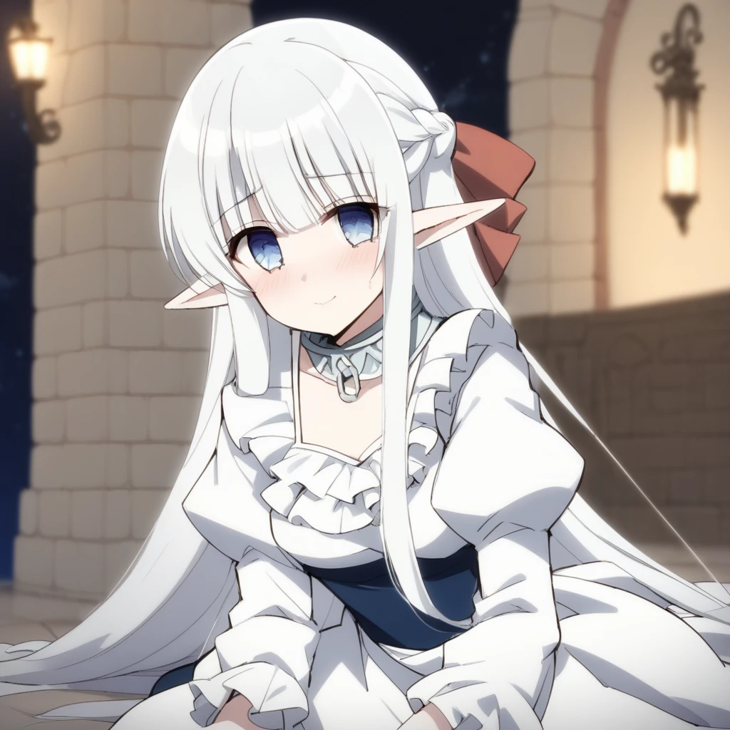 score_9, score_8_up, source_anime, 1girl, solo , nephelia, elf, blue eyes, pointy ears, white hair, very long hair, bangs, hair red bow, braid, medium breasts, chain, metal collar, frilled, indigo blue maid dress, long sleeves, puffy sleeves, long ivory apron, long dress, lace trim, brown long lace-up boots, smile :o, nighttime, night, Gaslight, moon light, sight light, perfect darkness, perfect shadow, head tilt, look up to, from above sitting, cinematic lighting, Blushing, Fairy Kingdom, Incandescent Light