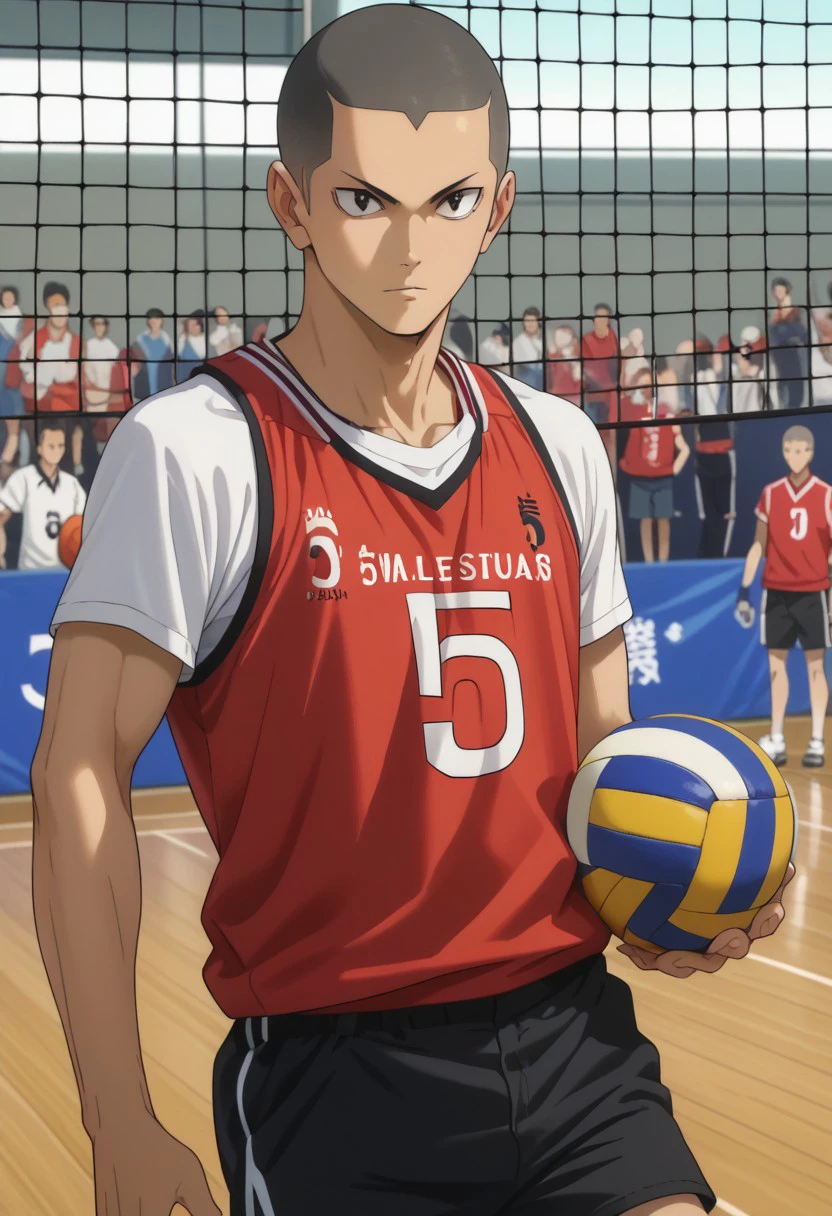 score_9, score_8_up, score_7_up, source_anime, rating_safe, holding ball, Tanaikyu, 1boy, male focus, anime screencap, black eyes, black buzz cut, red tank top, white shirt, black shorts, volleyball net,