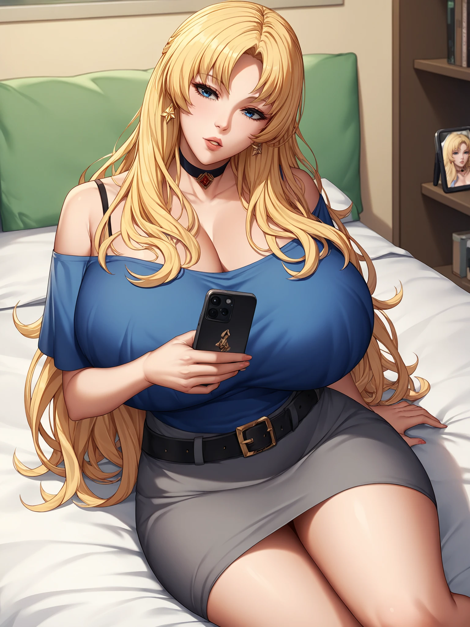 score_9, score_8_up, score_7_up, score_6_up, uncensored, source_anime,  BREAK
haruna shinjou, girl is sitting on bed, holding smartphone, looking at phone, 
parted lips, head tilt, turning head, loooking down,
blonde hair, long hair, blue eyes, lips, earrings, choker,
off-shoulder shirt, blue shirt, grey skirt, belt,
huge breasts, voluptuous, thighs,
indoors, bedroom,
<lora:Haruna Shinjou3216PDXL:1>