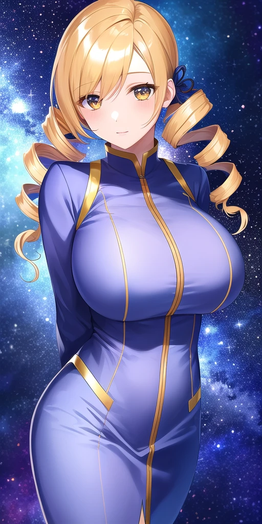 <lora:MamiTomoeV2:0.7> mamiTomoe_drill_sidelocks, huge_breasts, standing, solo, arms_behind_back, starry_sky,, masterpiece, best_quality, detailed_face, detailed_eyes, highres, beautiful, detailed, absurdres,