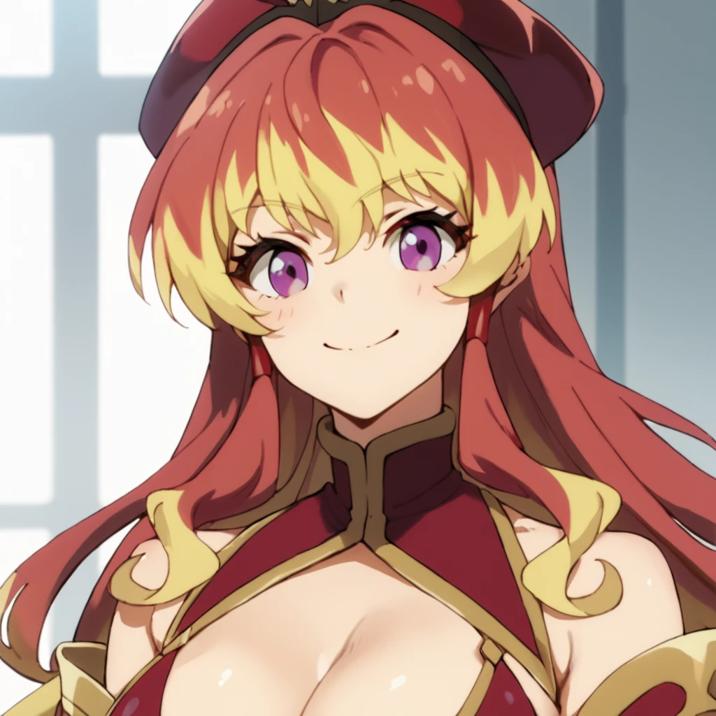 score_9, score_8_up, score_7_up, score_6_up, score_5_up, score_4_up, source_anime,  Belial, blonde hair, long hair, purple eyes, red hair, multicolored hair, large breasts, , smile, portrait