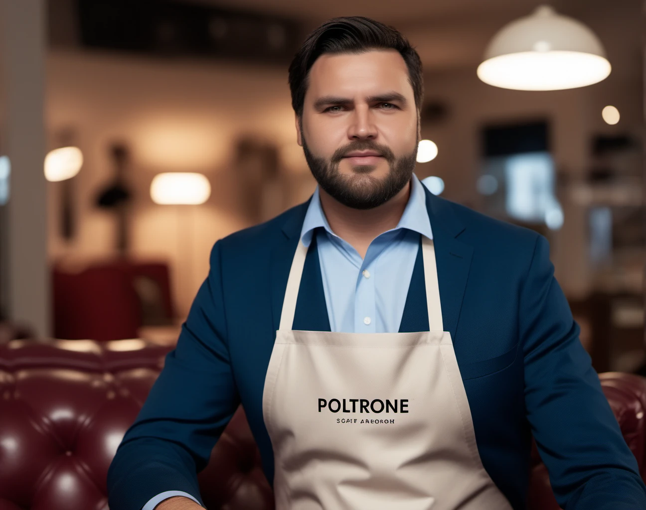 cinematic photo a man, facial hair, apron, sofa salesman, in a sofa shop, text ''POLTRONE SOFA'' <lora:Vance1024_r1:0.8> . 35mm photograph, film, bokeh, professional, 4k, highly detailed