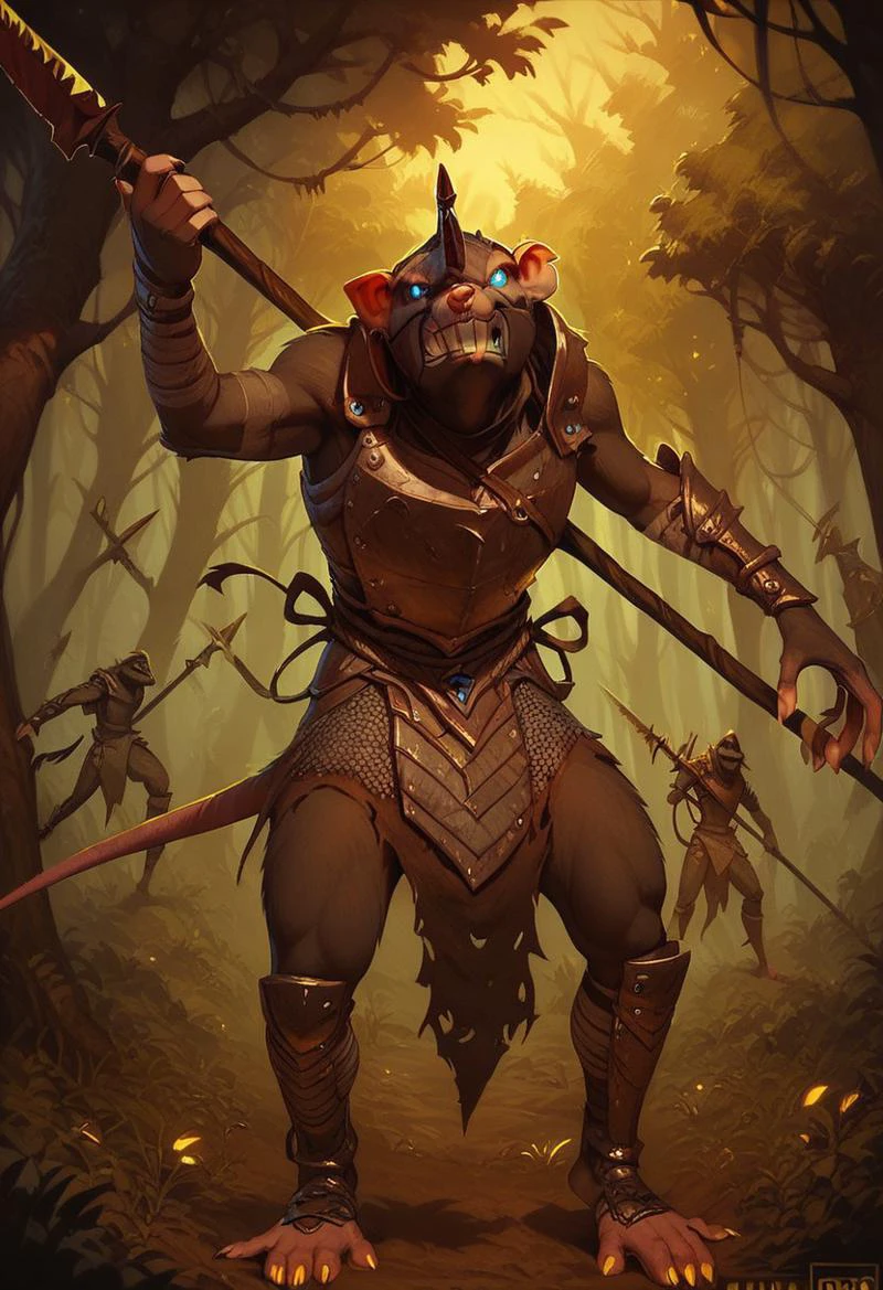 score_9, score_8_up, score_7_up, score_6_up, 1 anthro rat male, glowing, armor, blue eyes, holding, sharp toenails, weapon, spear, warrior, warrior armor, no humans, forest background, action pose, angry smile, glowing ed eyes, teeth