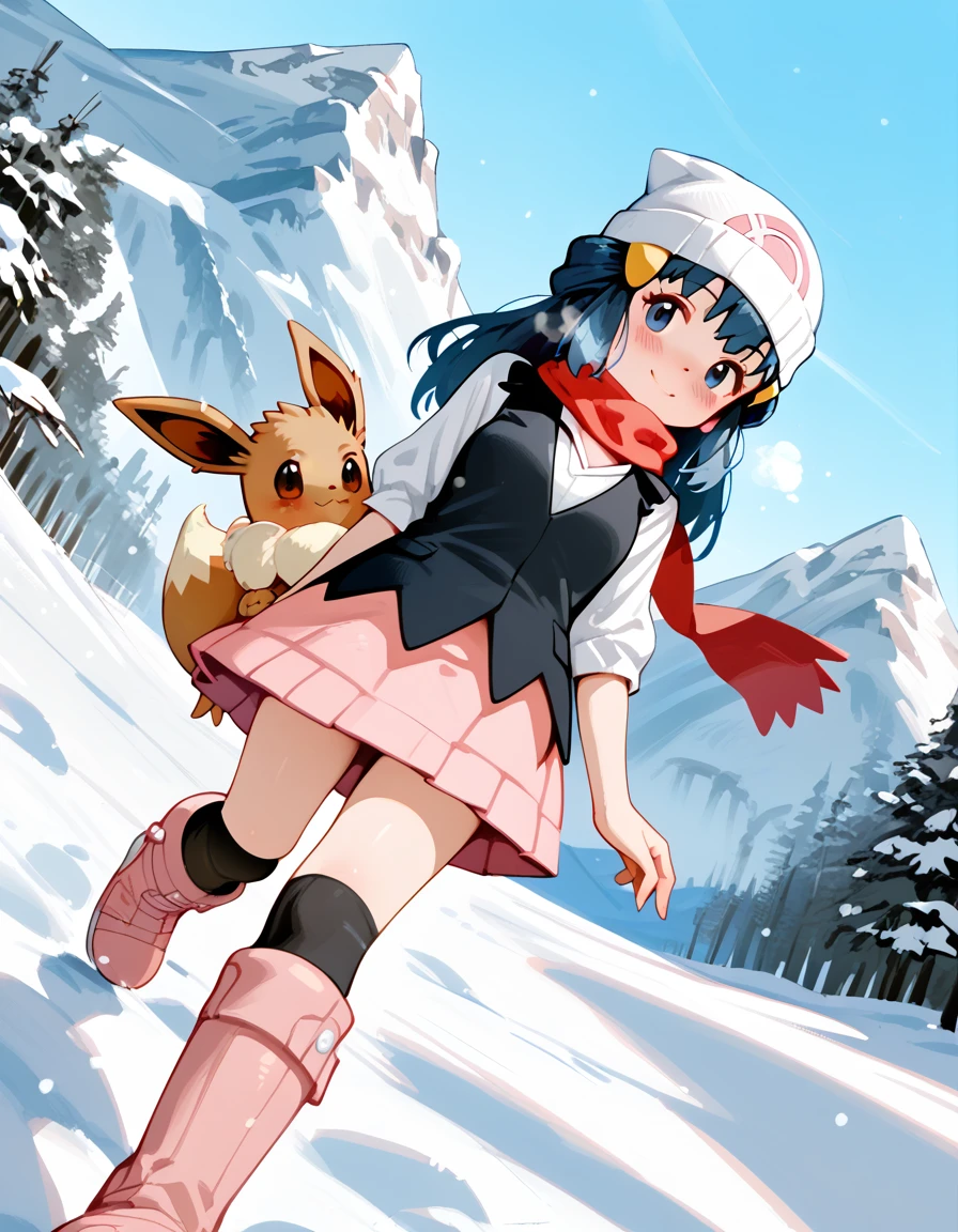 score_9, score_8_up, score_7_up,score_6_up,score_5_up,score_4_up,  dawn from pokemon, scarf, heavy breathing, cold, mountain, snow, blush, (eevee:0.9), perspective, smile, skirt, boots, dutch angle, not furry,