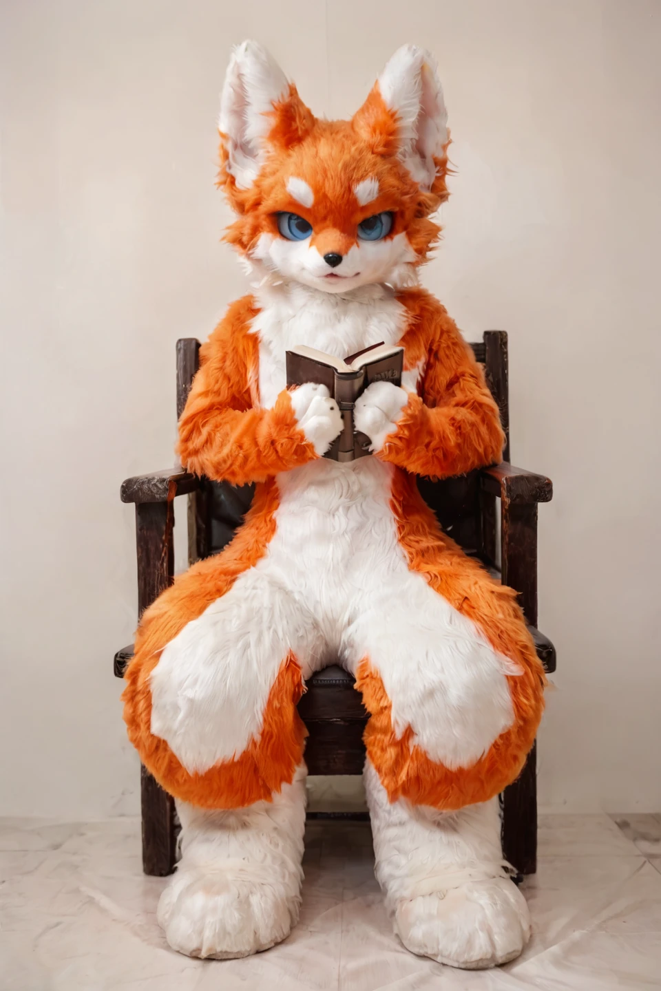 score_9,score_8_up,score_7_up,best quality,amazing quality,very aesthetic,absurdres,official art,intricate details,hyperdetailed,BRAKE,
(furry:1.2),furry fox,(orange and white fur),furry paws,sitting on chair,holding book,blue eyes,furry ears,full fur suit,realistic,solo,full body,<lora:FullFurSuitPonyLora:0.85>,