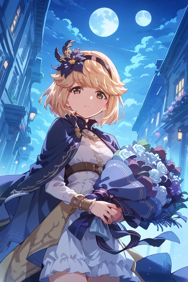 score_9, score_8_up, score_7_up, score_6_up, 1girl,
 <lora:Ryoko_Kobato:0.9> ryoko, night, blonde hair, flower, moon, 1girl, solo, bouquet, sky, night sky, short hair, looking at viewer, brown eyes, hairband, cape, moonlight, count