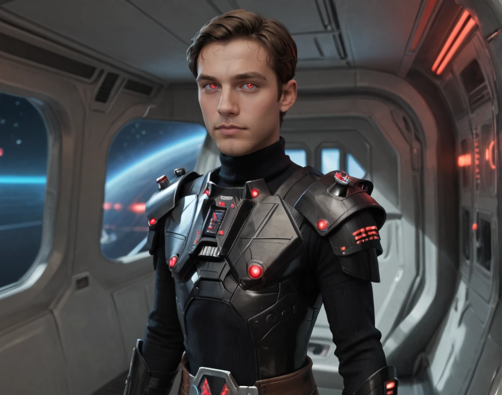 score_9, score_8_up, score_7_up, Iokath-Annhilator, Star Wars, 1boy, solo, male focus, round face, puffy eyes, gloves, brown hair, glowing red eyes, turtleneck, breastplate, realistic, standing, spacecraft interior, dark, dim, neon lights, waist up, armor, <lora:Iokath_Annhilator:.7> <lora:Jack_OC-000002:.5>