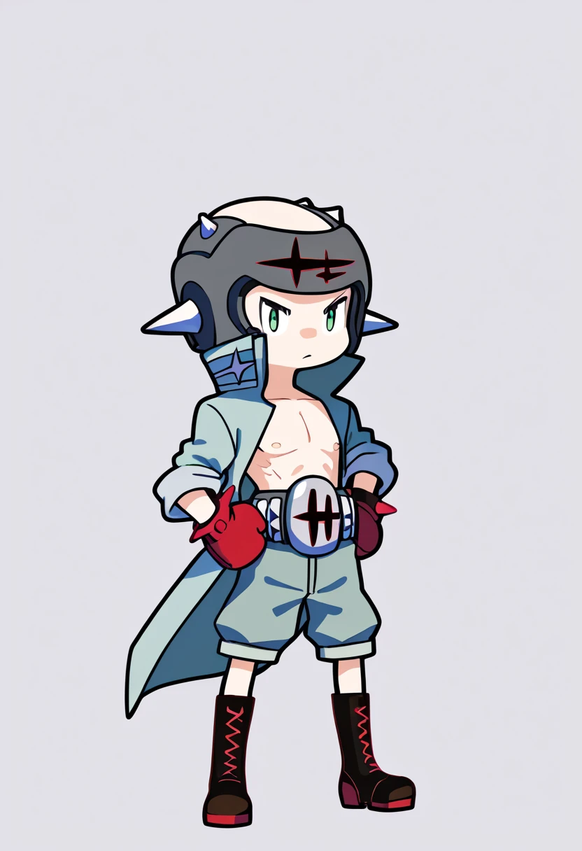 score_9, score_8_up, score_7_up, score_6_up, score_5_up, score_4_up, BREAK
1boy, chibi,
takaharufukuroda, green eyes, belt, boots, boxing gloves, coat, open clothes, shorts, spikes, helmet,
hands on hips, full body, standing, looking at viewer, solo, simple background, white background  <lora:RabbitAndSteelXLLocon:1>  <lora:TakaharuFukurodaXL:1>