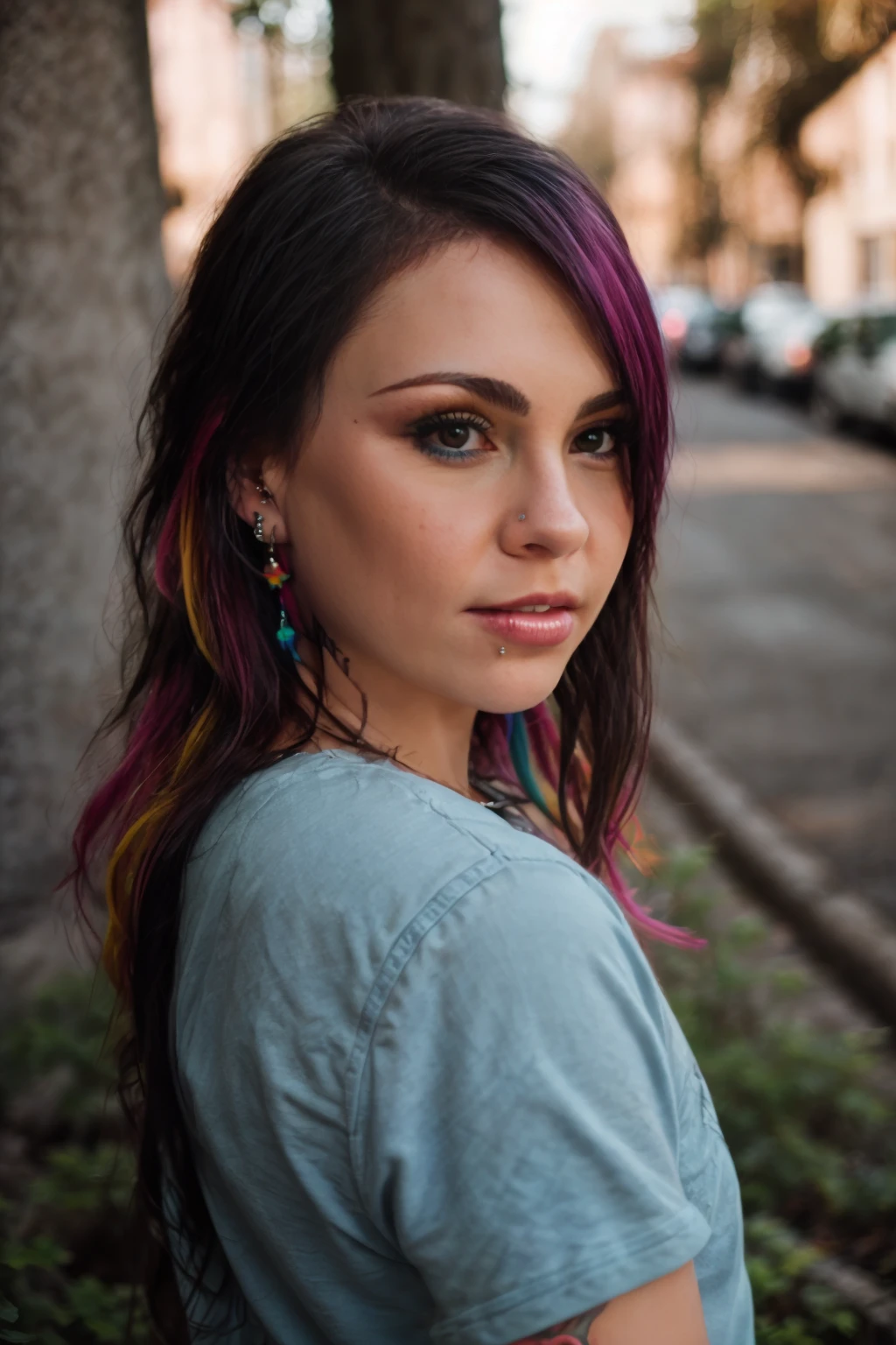 <lora:VandalVyxen:0.8>, full color portrait of a young woman, multicolored hair, tattoo, piercings, natural light, RAW photo, subject, 8k uhd, dslr, soft lighting, high quality, film grain, Fujifilm XT3