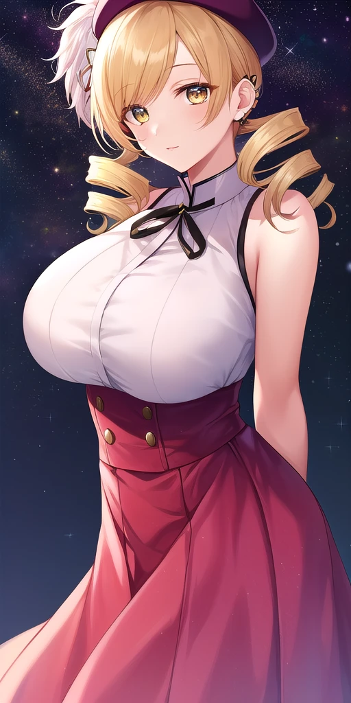 <lora:MamiTomoeV2:0.7> mamiTomoe_drill_sidelocks, huge_breasts, standing, solo, arms_behind_back, starry_sky, sundress, black_beret_hat_feather, hair_flower_hairpin, masterpiece, best_quality, detailed_face, detailed_eyes, highres, beautiful, detailed, absurdres,