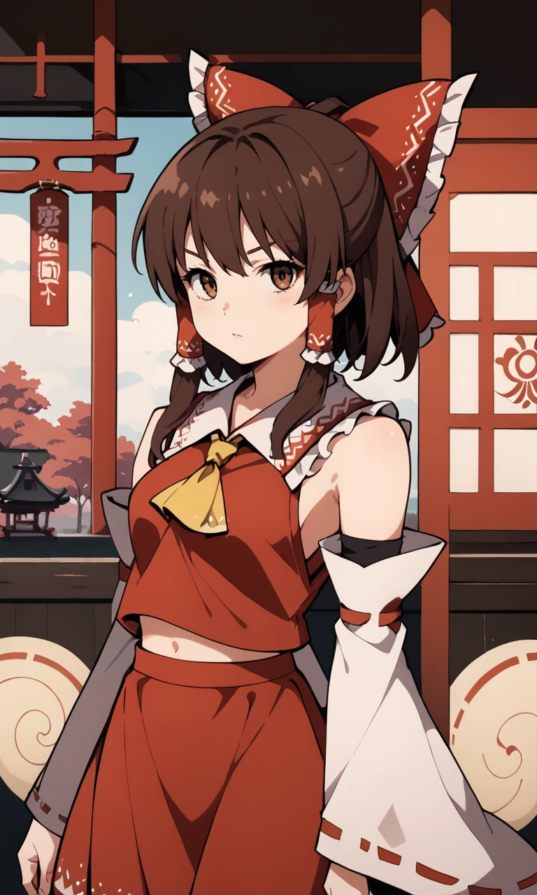 score_9, score_8_up, score_8, score_9, 1 girl, source_anime, 1 girl, hakurei reimu, brown hair, brown eyes, hair tubes, ascot, detached sleeves, ribbon trim, red skirt, red shirt, red hair bow, <lora:reimu_hakurei_pony-10:0.8>, cowboy shot, looking at viewer, detailed background, shrine, <lora:UrikaHentaiPony:0.8>