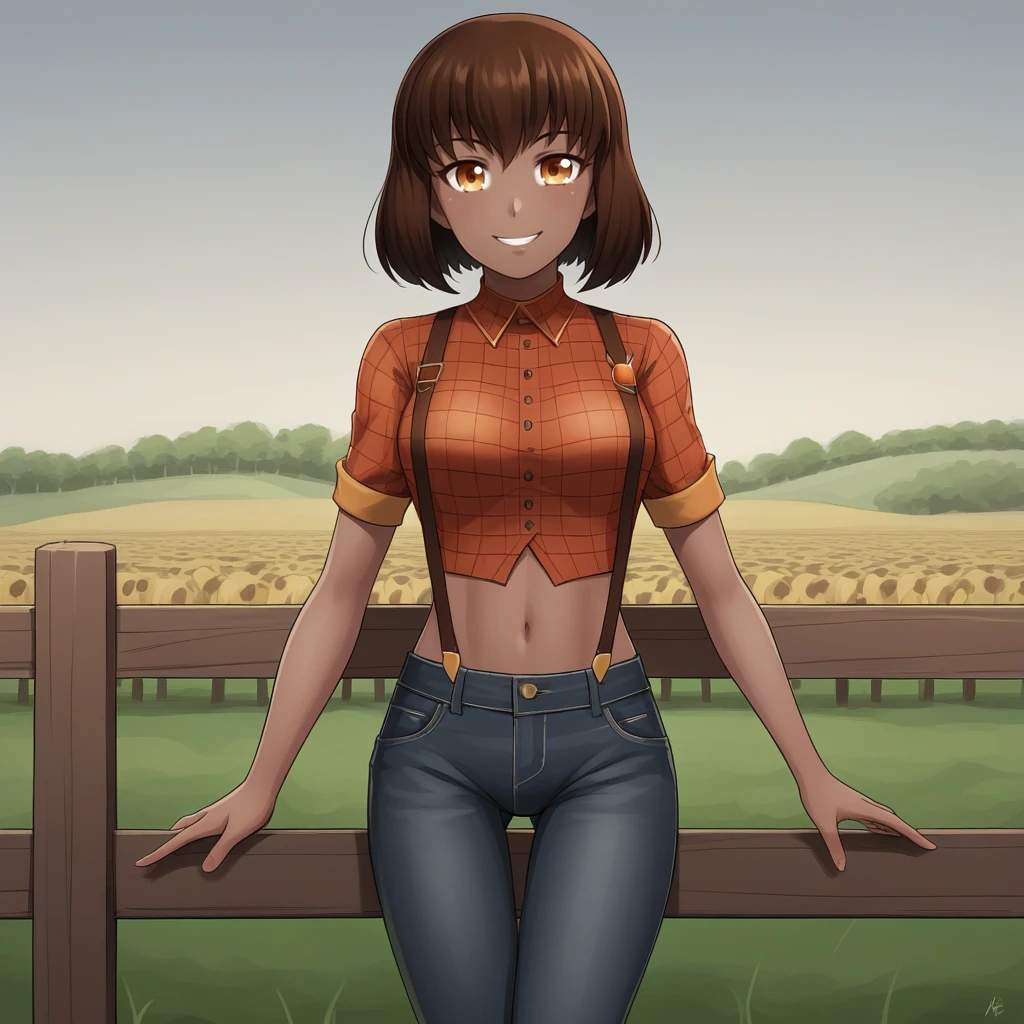 score_9, score_8_up, score_7_up, score_6_up, score_5_up, score_4_up, zPDXL2,source_anime,rating_questionable, 1girl, solo, crop field, red plaid shirt, midriff, suspenders, jeans, farmgirl, harvest, smile, looking at viewer,  <lora:Amber_-_RWBY:0.7> Amber_RWBY, 1girl, brown hair, short hair, dark skin,