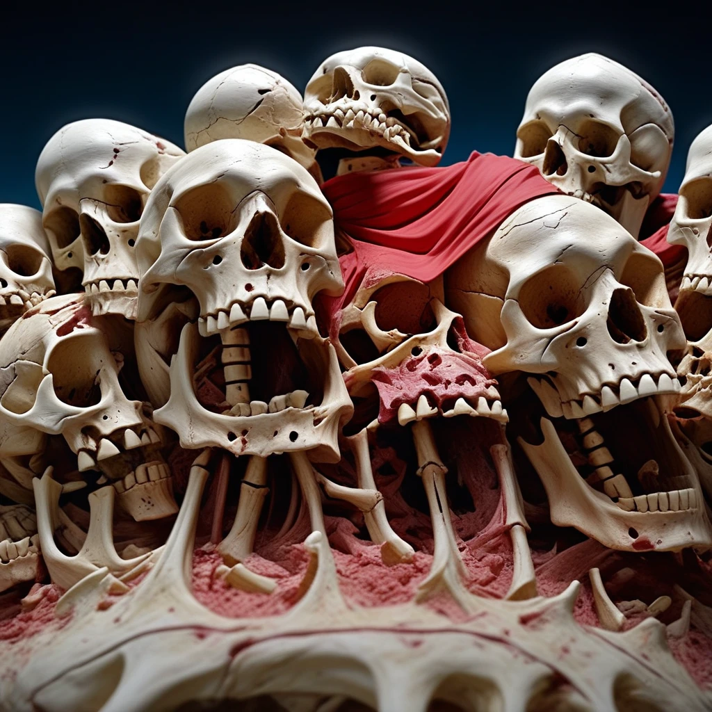 blue background, red cape, cape, guro, black background, teeth, gradient, monster, grey background, too many, skull, skeleton